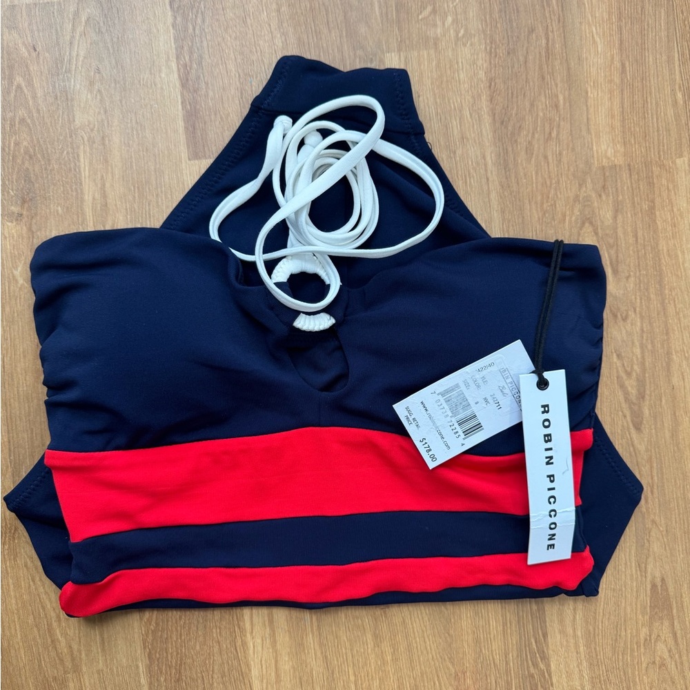 Robin Piccone Navy Stripe Halter One Piece Bandeau Babe Swimsuit - Picture 3 of 7